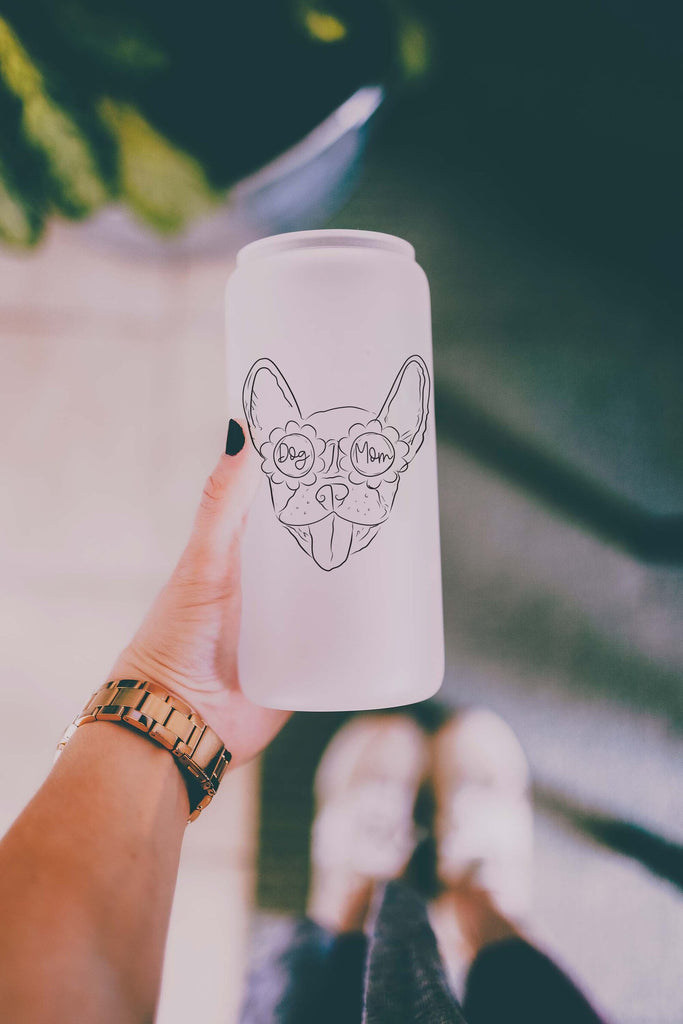 Custom Full Face Pet Portrait with Dog Mom Glasses 16 oz or 20 Oz Frosted or Non-Frosted Beer Can Cup With or Without Lid Customized Dog Ears, Cat, Other Pet Ears