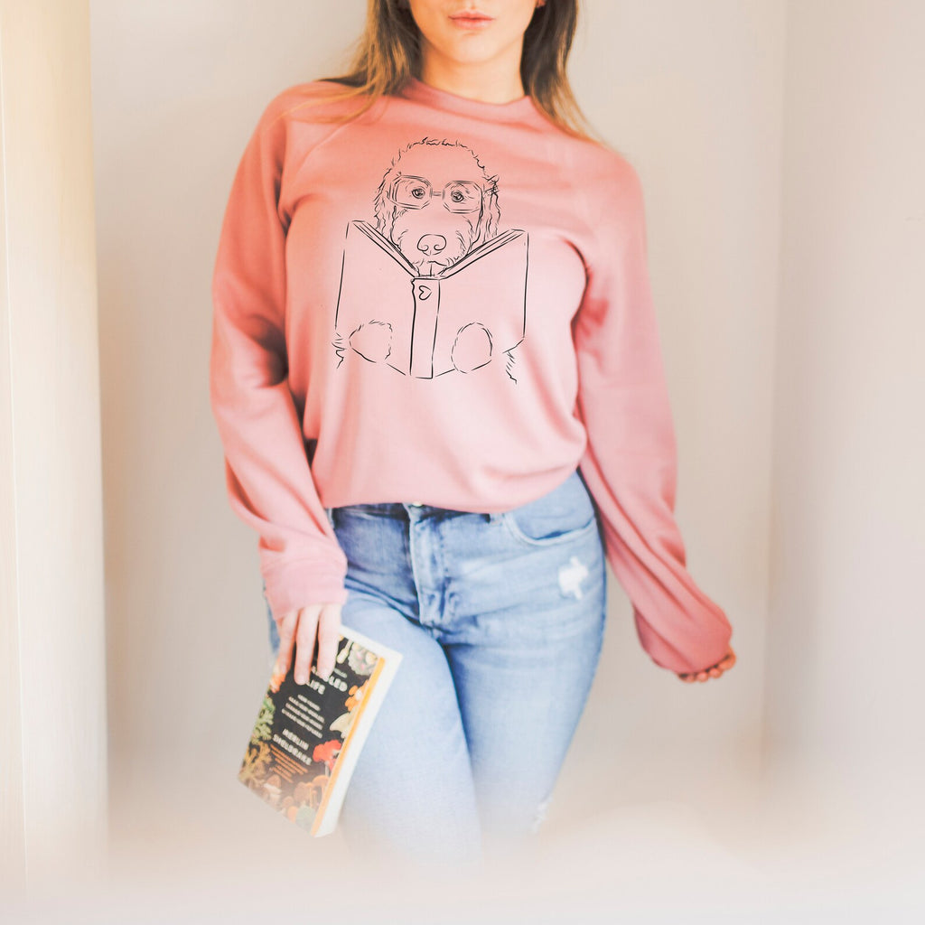 Custom Full Face Pet Portrait with Book Crew Neck Bella + Canvas Unisex Sweatshirt or Hoodie - Goldendoodle Doodle