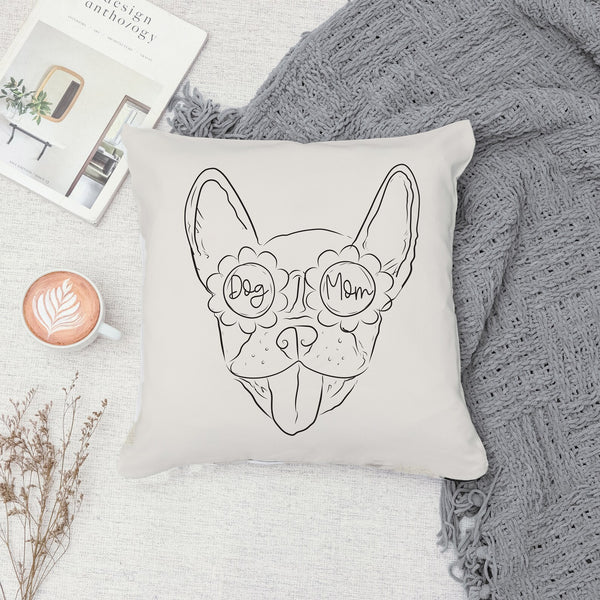 Full Face Pet Portrait with Dog Mom Glasses Dog, Cat, or Other Pet Outline 18" x 18" Pillow or Pillow Cover