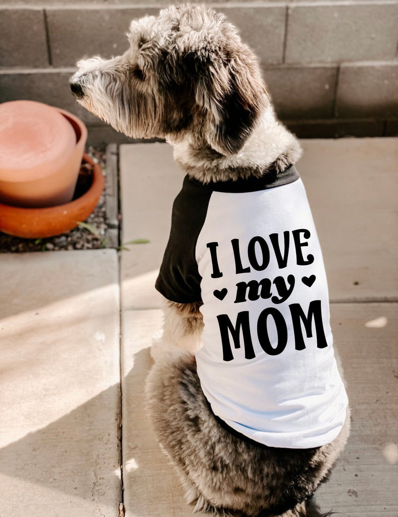Personalized I Love My Mom I Love My Dad I Love My Mommy Daddy Shirt - Black and White Raglan Modeled by Bogey the Bernedoodle