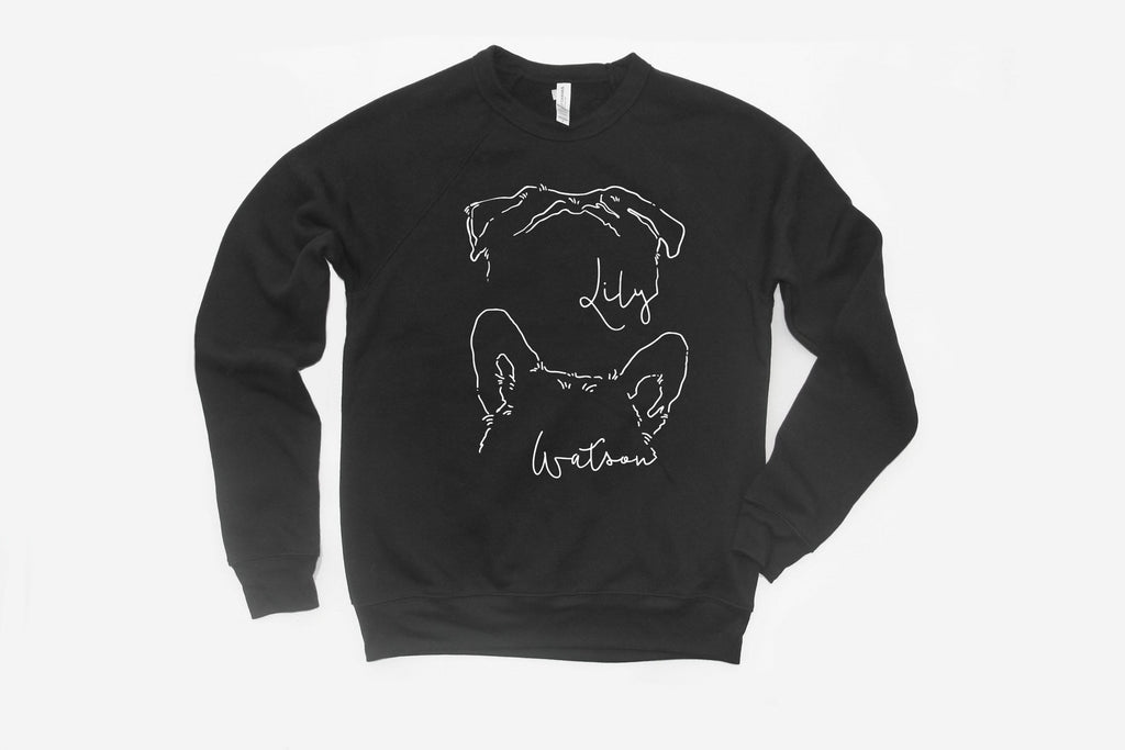 Barkley & Wagz black sweatshirt featuring two hand drawn dog ear designs with customized names.