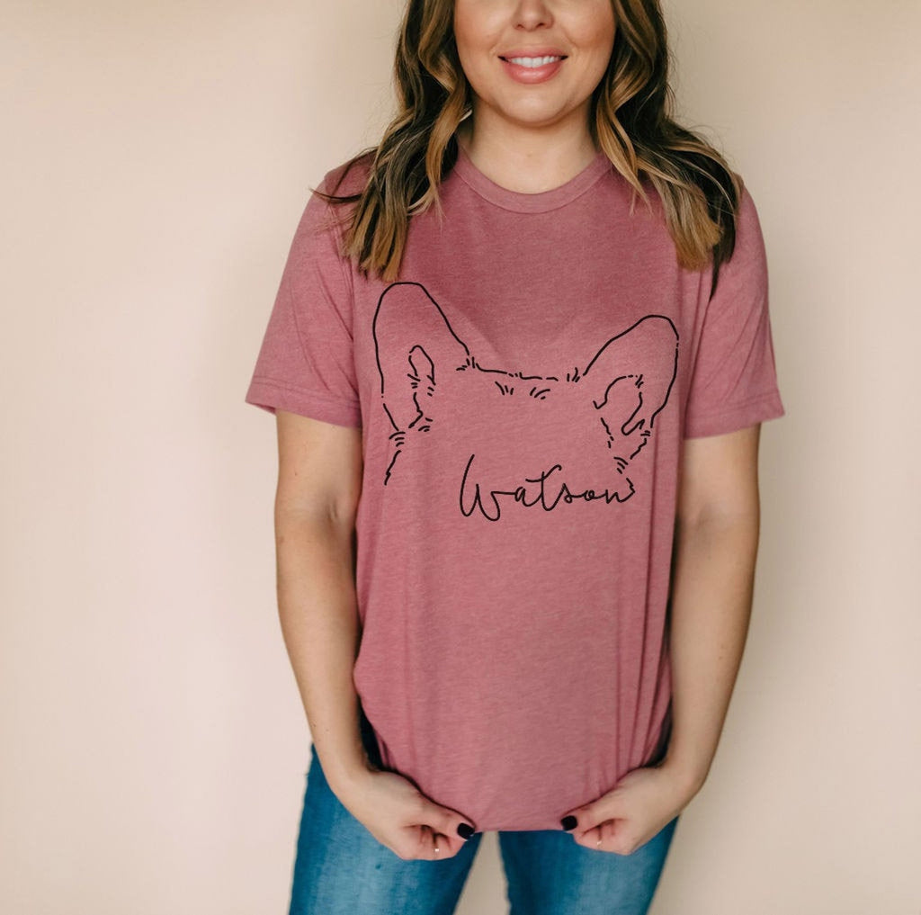 Women's Custom Dog, Cat, or Other Pet's Ears Outline Tattoo Inspired T-Shirt - Mauve Crewneck T-Shirt