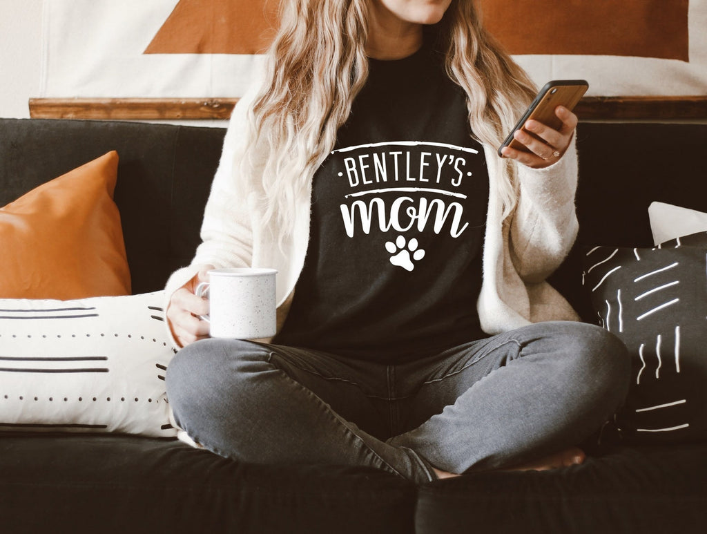 Custom Dog Name Bentley's Mom Dog Mom Dog Mama Mother's Day Gift Pick a Style Typography Flowy Women's Black Relaxed Crewneck