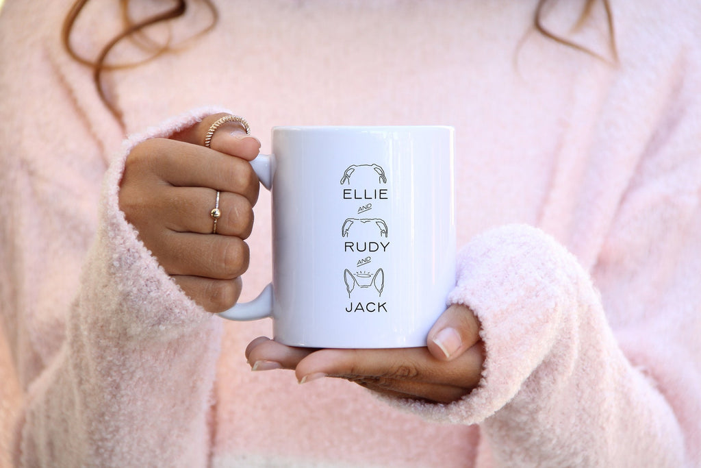 Custom Multiple Dog, Cat, or Other Pet's Ears Outline Outline Tattoo Inspired Coffee Mug - Features Three Sets of Dog Ears