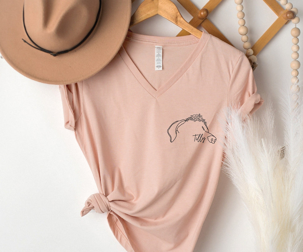 Women's Custom Full Head Dog, Cat, or Other Pet's Ears Pocket Outline Tattoo Inspired Peach Bella + Canvas Flowy V-Neck - Personalized with Great Dane Ears