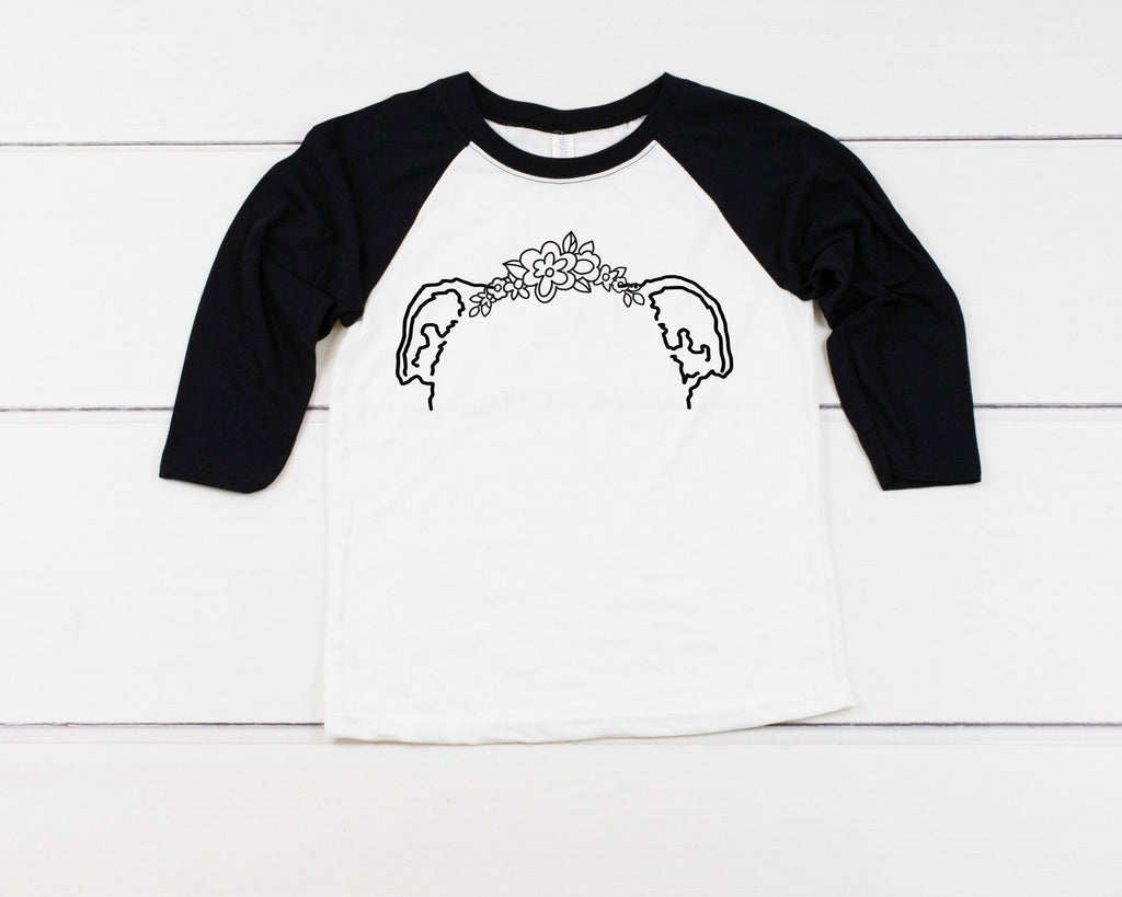 INFANT, TODDLER, or YOUTH Custom Dog or Cat Ears Flower Crown Outline Kid's T-Shirt - Black and White Raglan