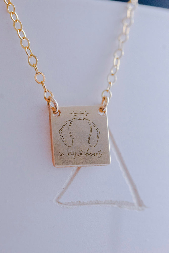 Personalized Dog or Cat Ears In Memory Outline Tattoo Inspired Necklace - Personalized Square Gold Filled Pendant 13MM