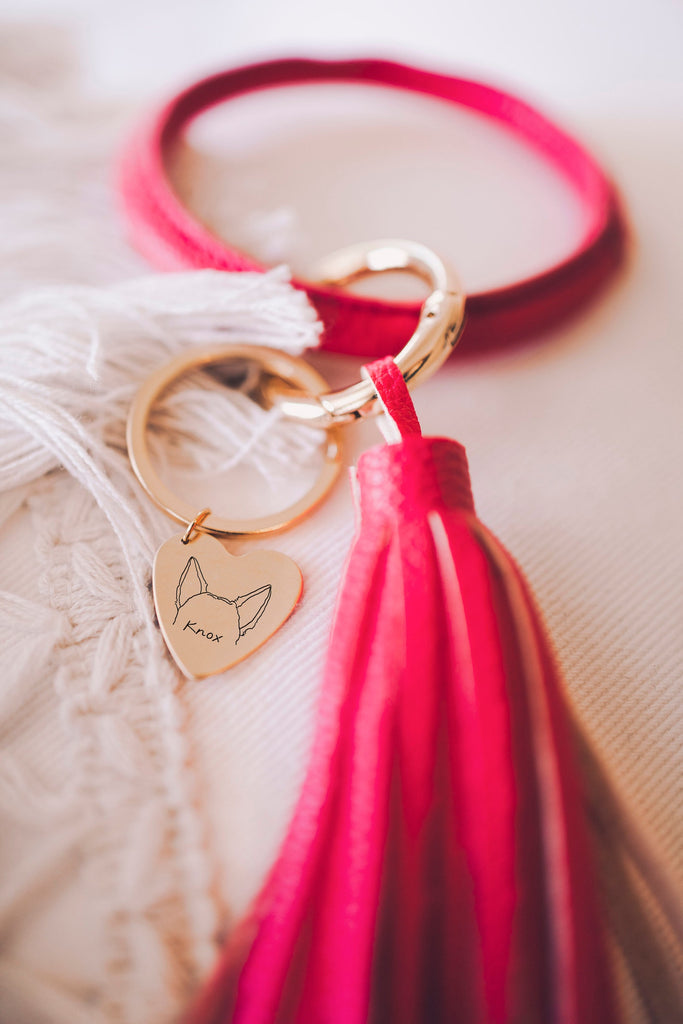 Customized Dog Ears or Cat Ears or Other Pet's Ears Colorful Keychain - Hot Pink Tassel Keyring