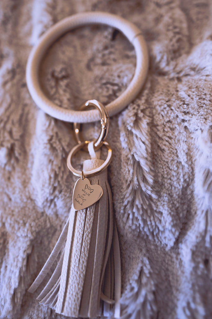 Personalized Multiple Dog Ears or Cat Ears or Other Pet's Ears Leather Bangle Keychain Bracelet - Cream Tassel