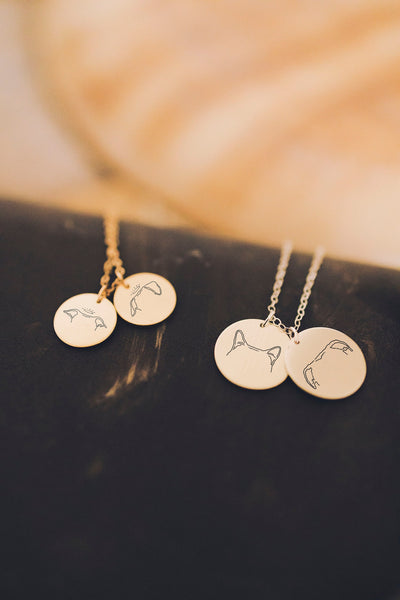 Personalized Dog or Cat Ears Pendants Outline Tattoo Inspired Laser Engraved Necklace - Shown is one necklace with two 13MM Gold Filled Circular Round Pendants and one sterling silver necklace with two 16MM Sterling Silver Round Circular Pendants