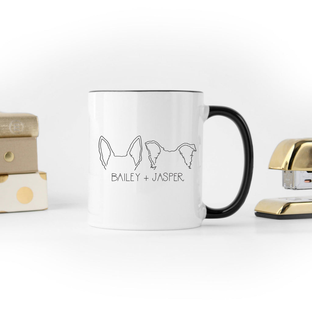 Custom Multiple Dog, Cat, or Other Pet's Ears Side by Side Outline Tattoo Inspired Coffee Mug - Black Handle