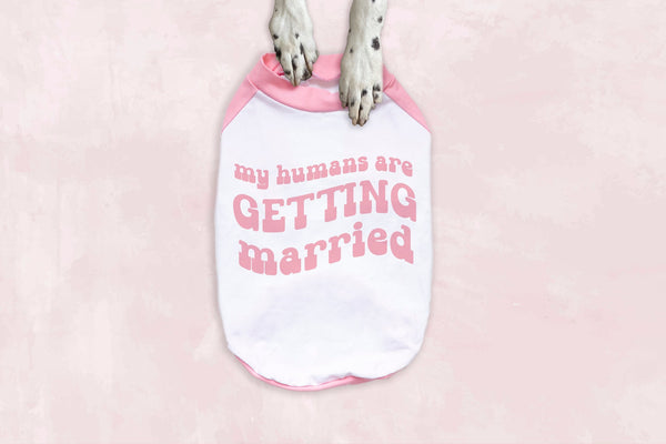 My Humans are Getting Married Engagement Retro Dog Raglan Shirt in Pink and White