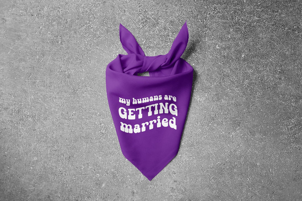 Personalized My Humans are Getting Married Retro Engagement Announcement Bandana in Purple