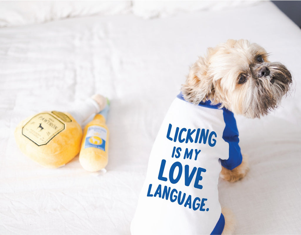 Custom Licking is My Love Language Dog Raglan T-Shirt in Blue and White