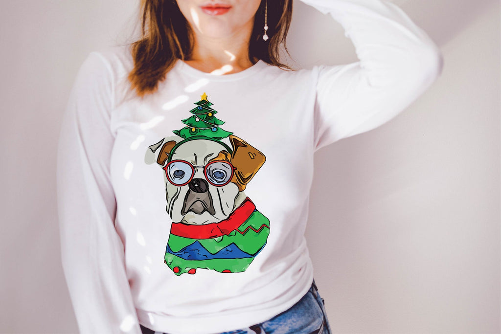 English Bulldog Long Sleeve or Short Sleeve Unisex Christmas T-Shirt