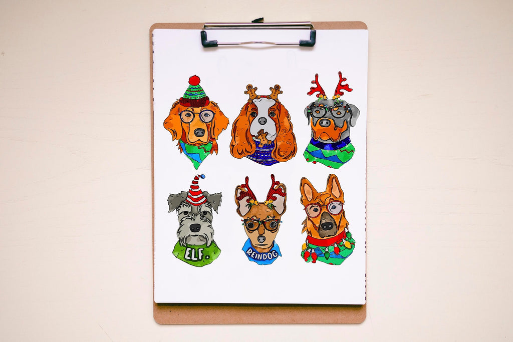 Coloring Sheet, Art Print, or Watercolor Coloring Sheet - Pick Your Breeds Christmas Dogs Art