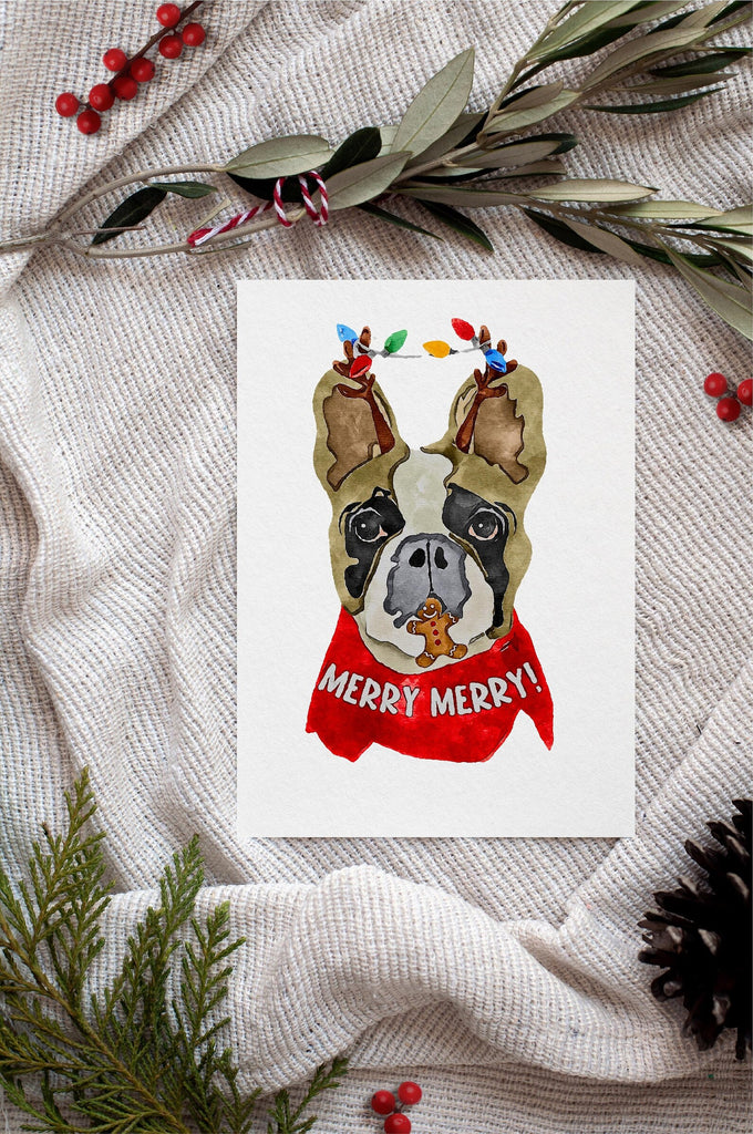 French Bulldog Frenchie Single Card or Notecard Set Christmas Festive Dog Notecards