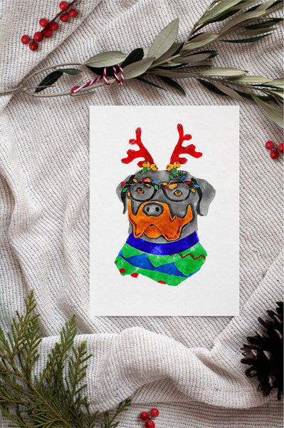 Rottweiler, Rottie, Rotty Single Card or Notecard Set Festive Christmas Dog Notecards