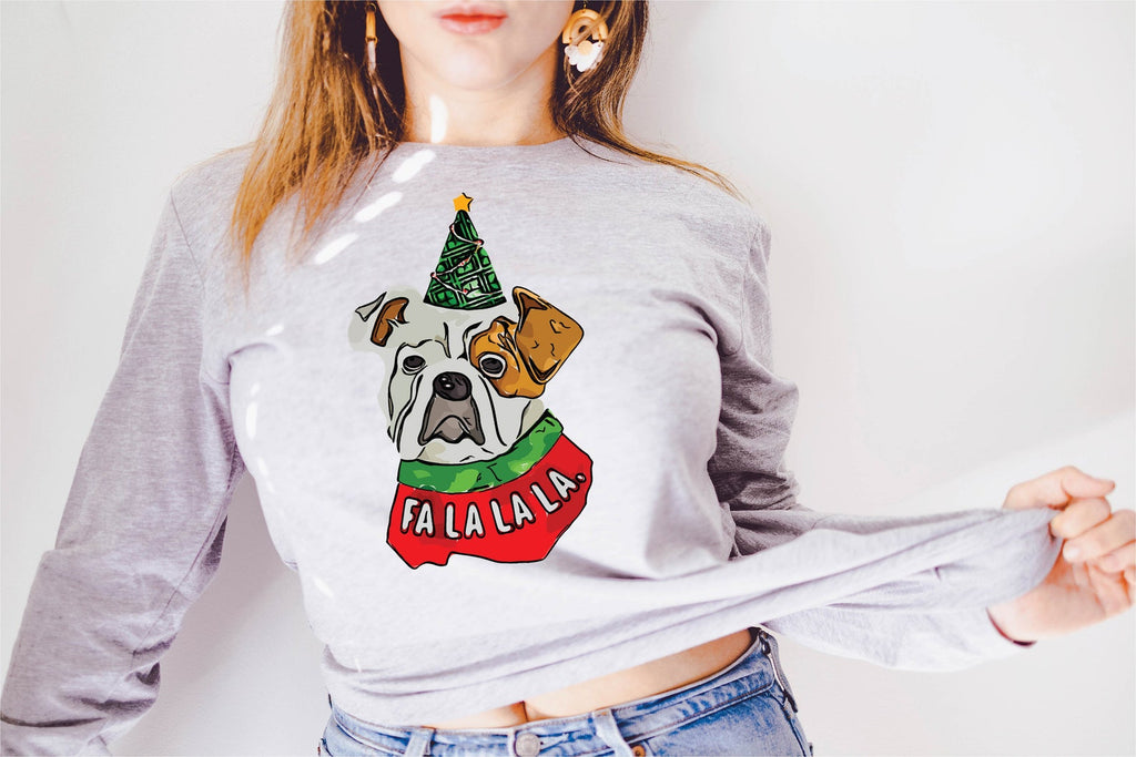 English Bulldog Fa La La. Long Sleeve or Short Sleeve Unisex Christmas T-Shirt