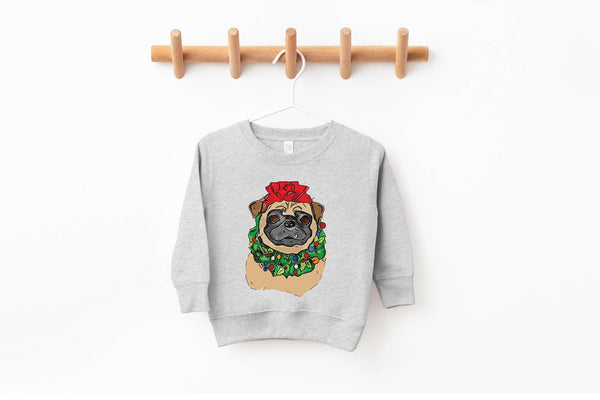 Black or Brown Festive Pug Festive Christmas Pick a Style Toddler OR Youth Sweatshirt or Hoodie