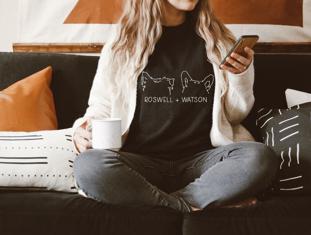 Women's Custom Multiple Dog, Cat, or Other Pet's Ears Outline Tattoo Inspired T-Shirt in Black