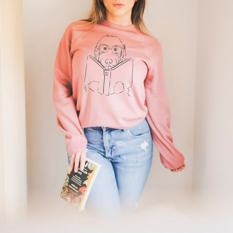 Custom Full Face Pet Portrait with Book Crew Neck Bella + Canvas Unisex Sweatshirt or Hoodie - Goldendoodle Doodle