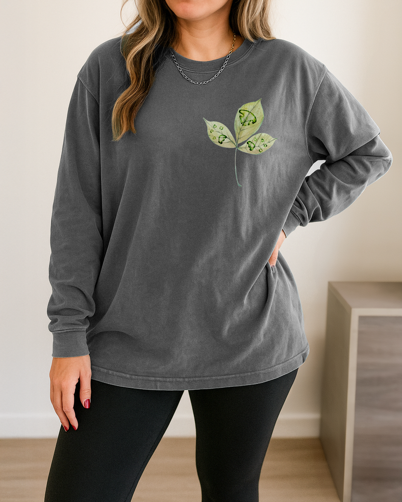 Custom Dog, Cat, or Other Paw or Nose Print/s on Green Leaf Long Sleeve Tee - Shown in Gray