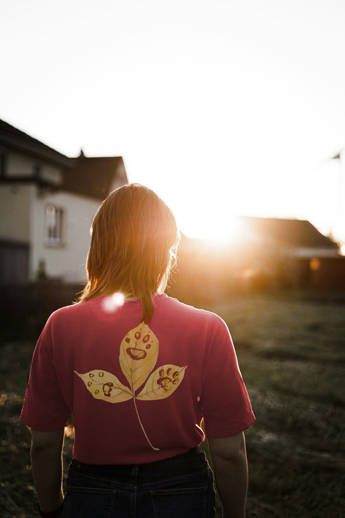 Person wearing a red shirt with a leaf design with paw prints, standing in a field with the sun setting behind them.