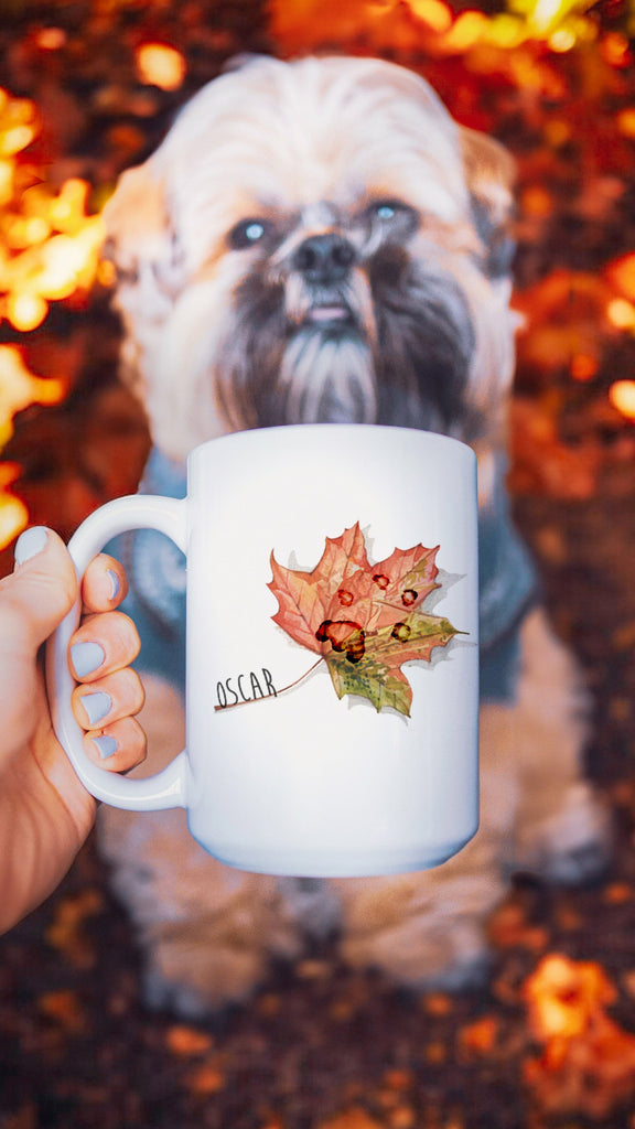 Custom Paw Print on Leaf Autumn Coffee Mug with Personalized Pet Name