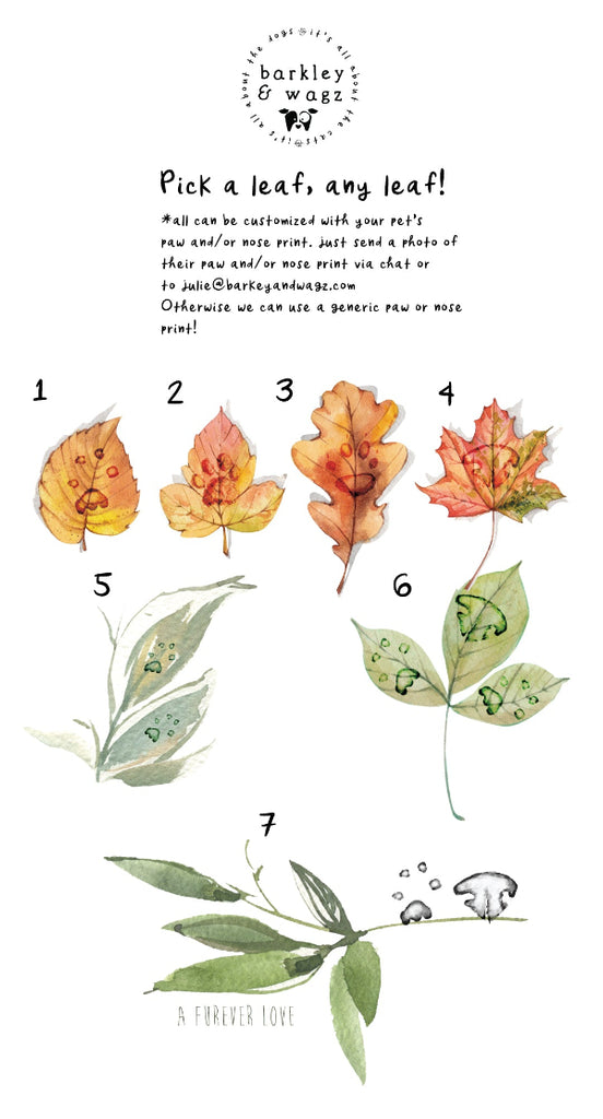 Illustrations of various leaves with a calligraphy text on a white background