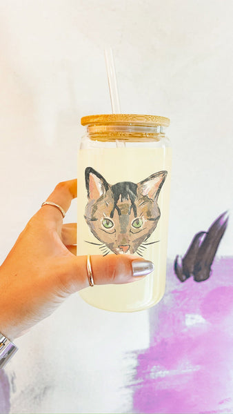 Iced Coffee Cup with Full Face Cat Design