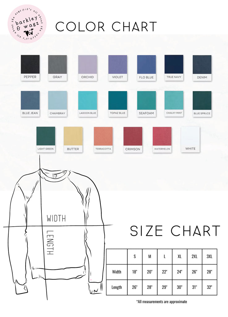 Comfort Colors Sweatshirt Color/Size Chart