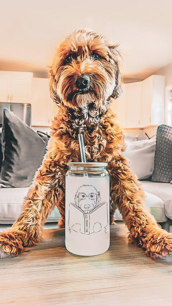 Custom Pet Portrait with Book 16 oz or 20 Oz Frosted or Non-Frosted Beer Can Cup