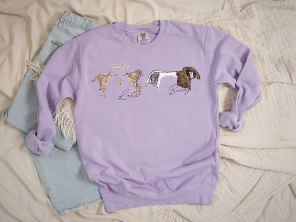 Custom Comfort Colors Full Color Pet Ears Sweatshirt Tops with Halo and Side By Side Pets with Cursive Text