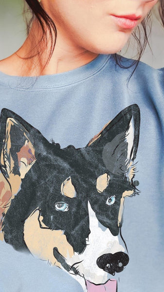 Custom Comfort Colors Full Color Cat or Dog Portrait Sleeve Sweatshirt in Denim Blue