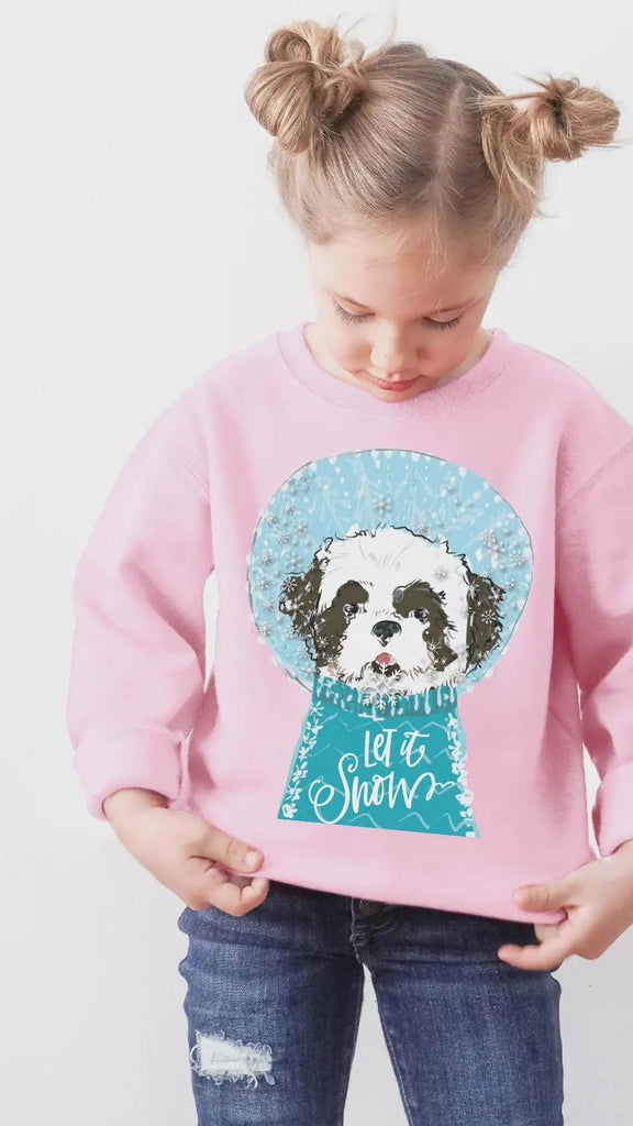Custom Snow Globe Pet Portrait Kid's Sweatshirt - Pink Sweater