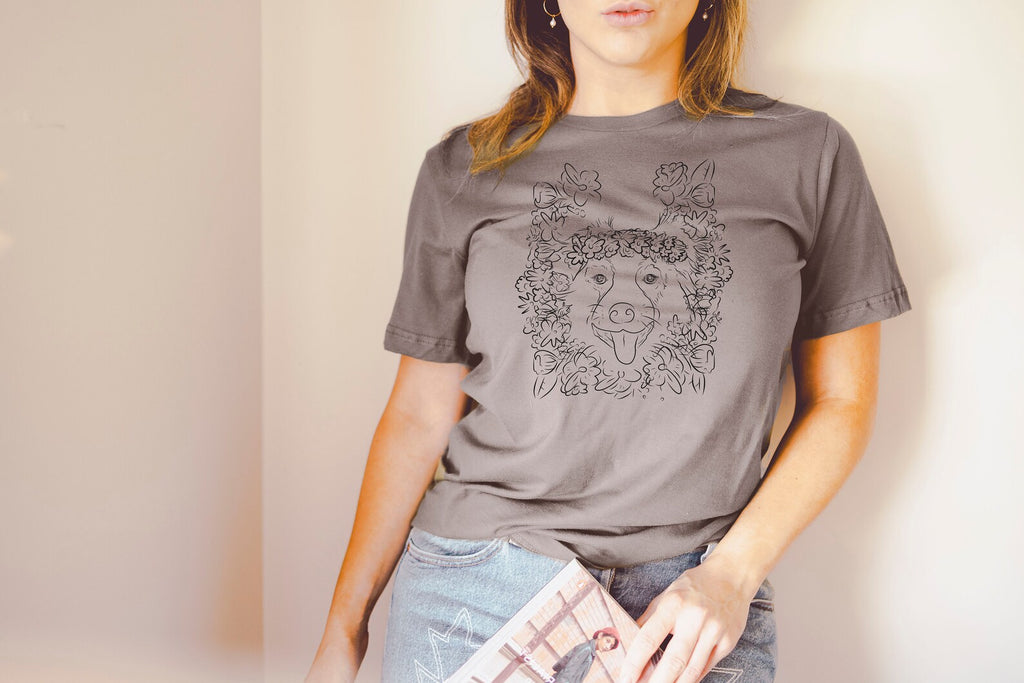 Custom Full Face Flower Crown Floral Drawing Dog, Cat, or Other Unisex T-Shirt