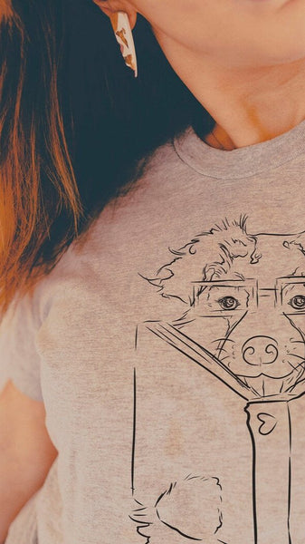 Custom Full Face Portrait with Book Dog, Cat, or Other Pet Portrait Unisex T-Shirt