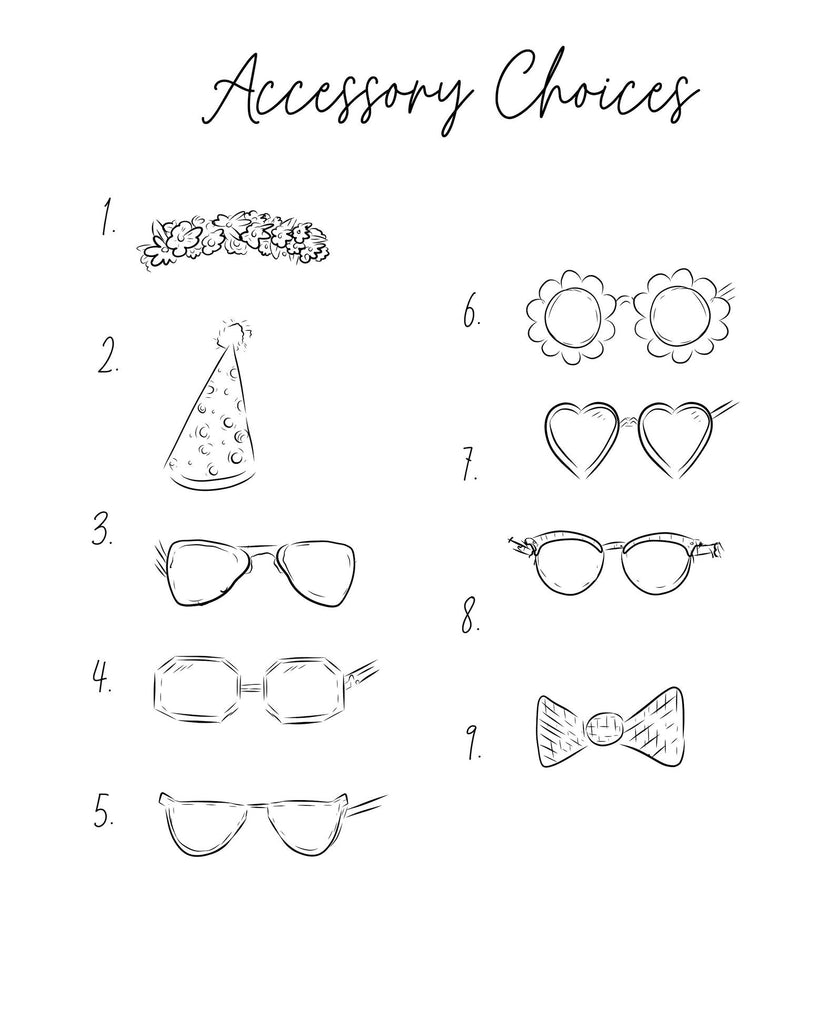 ACCESSORY CHOICES - Flower Crown, Birthday Party Hat, Assorted Sunglasses and Eyeglasses, Bow Tie