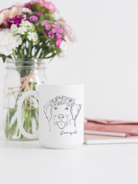Full Face Portrait With Flower Crown Custom Dog, Cat, or Other Pet Drawing Coffee Mug