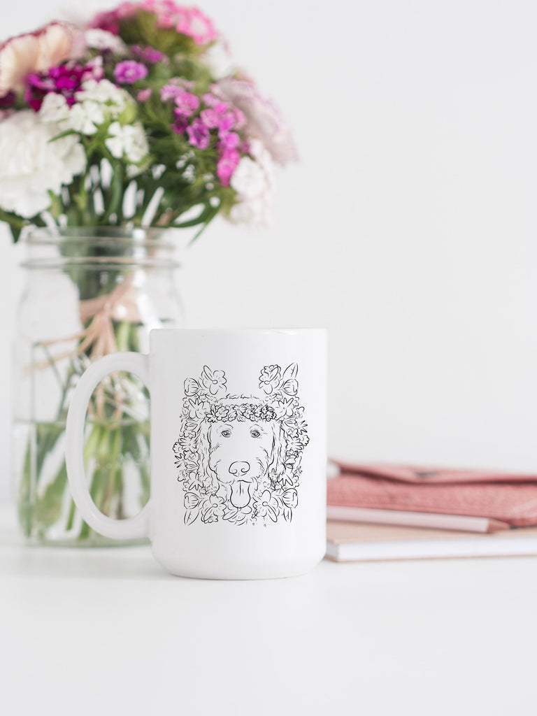 Full Face Portrait With Flower Crown Floral Motif Dog, Cat, or Other Pet Drawing Coffee Mug