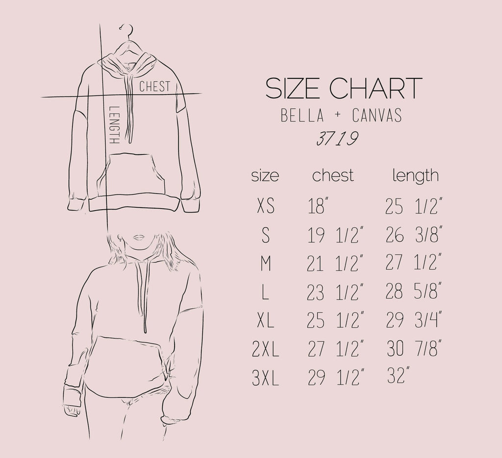 Size Chart 3719 Bella Canvas Sponge Fleece Hoodie Size Chart