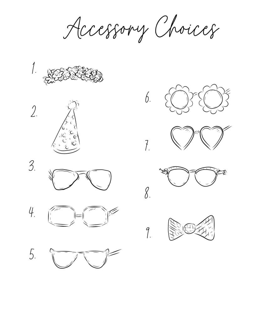 Barkley & Wagz Accessory Chart - Flower Crown, Birthday Hat, Aviators, Funky Glasses, Funky Glasses 2, Flower Power Glasses, Heart Glasses, Classic Glasses, Bow Tie