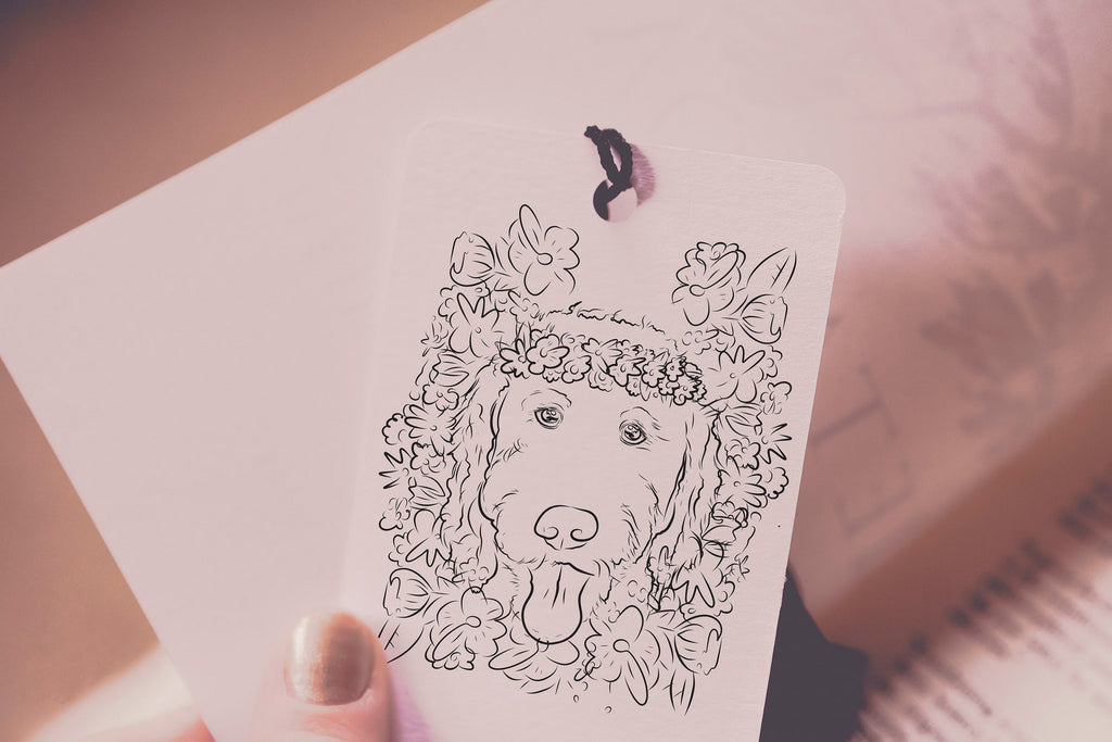 Custom Dog, Cat, or Other Pet's Full Portrait with Flower Crown Floral Motif Bookmark