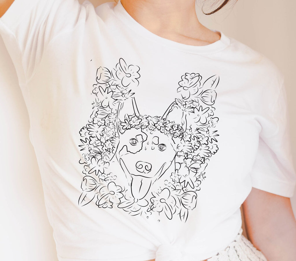 Custom Full Face Flower Crown Floral Drawing Dog, Cat, or Other Unisex T-Shirt