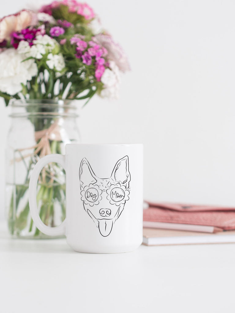 Full Face Portrait With Flower Glasses Custom Dog, Cat, or Other Pet Drawing Coffee Mug - Dog Mom