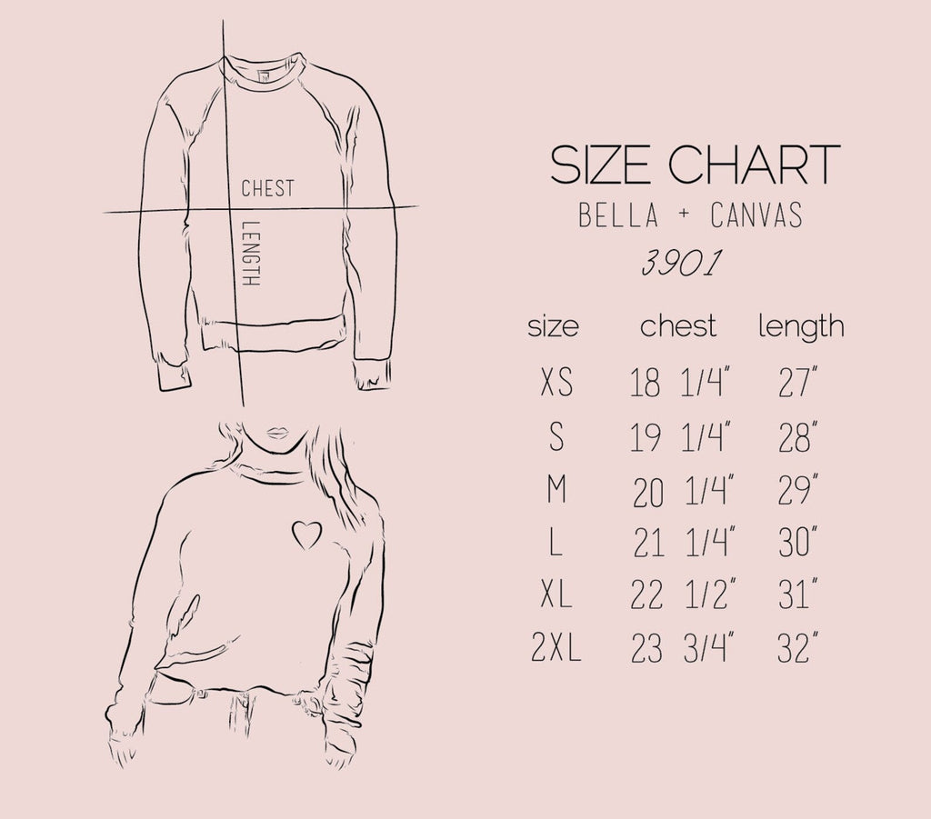 Bella + Canvas - 3901 Sponge Fleece Hooded Sweatshirt - Size Chart for XS, S, M, L, XL, 2Xl - Chest + Length