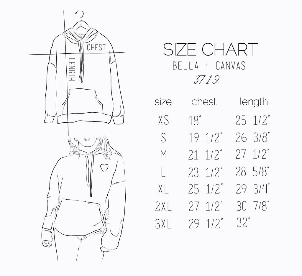 Bella + Canvas - 3719 Sponge Fleece Hooded Sweatshirt - Size Chart for XS, S, M, L, XL, 2Xl - Chest + Length