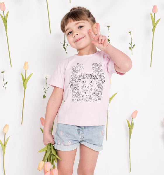 INFANT, TODDLER, or YOUTH Custom Full Face Pet Portrait with Flower Crown Floral Motif Kid's T-Shirt