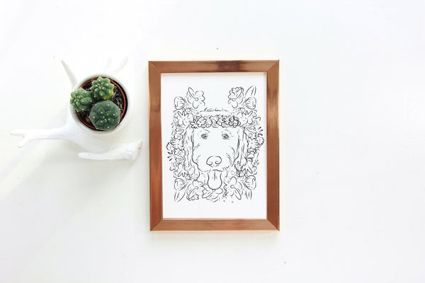 Custom Full Face Pet Portrait with Flower Crown Floral Motif Wall Art Print